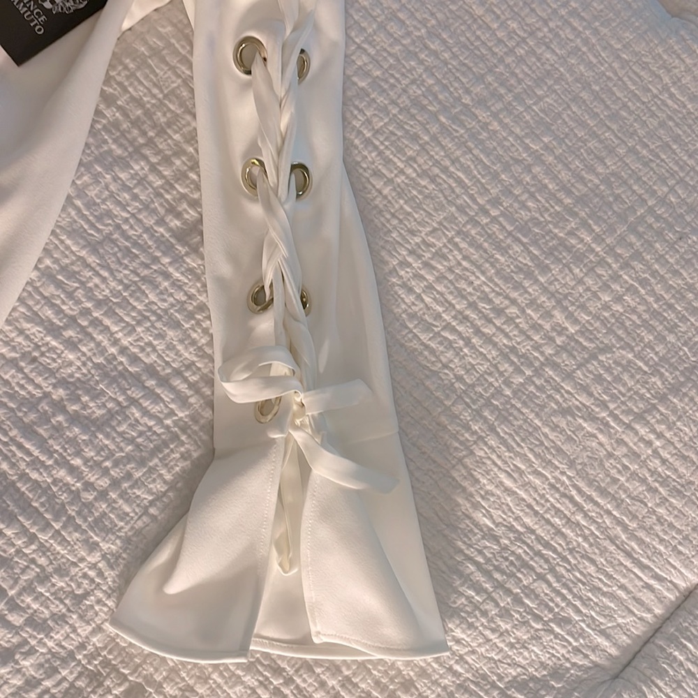 White strapless flounce laced sleeve dress. Size small. - Picture 3 of 7